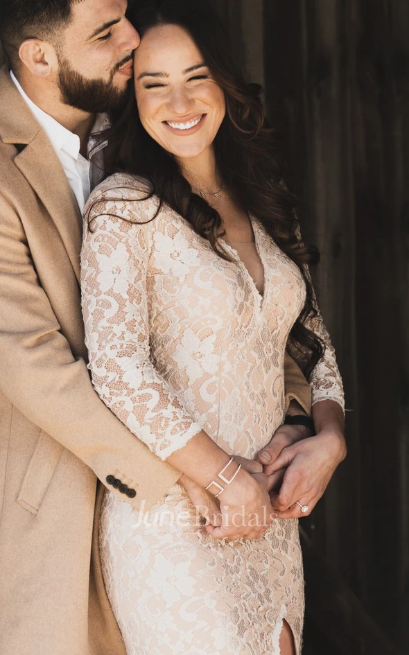 Vintage Boho Sheath V-Neck Lace Spring Wedding Dress Country Split Front Zipper Back Bridal Gown With Sleeves