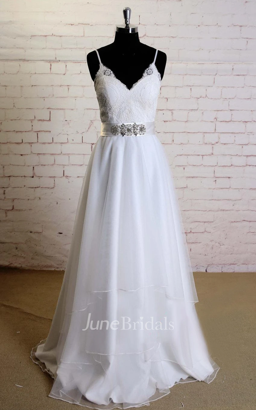 Spaghetti Strap Soft Layered Tulle Wedding Dress With Lace Top