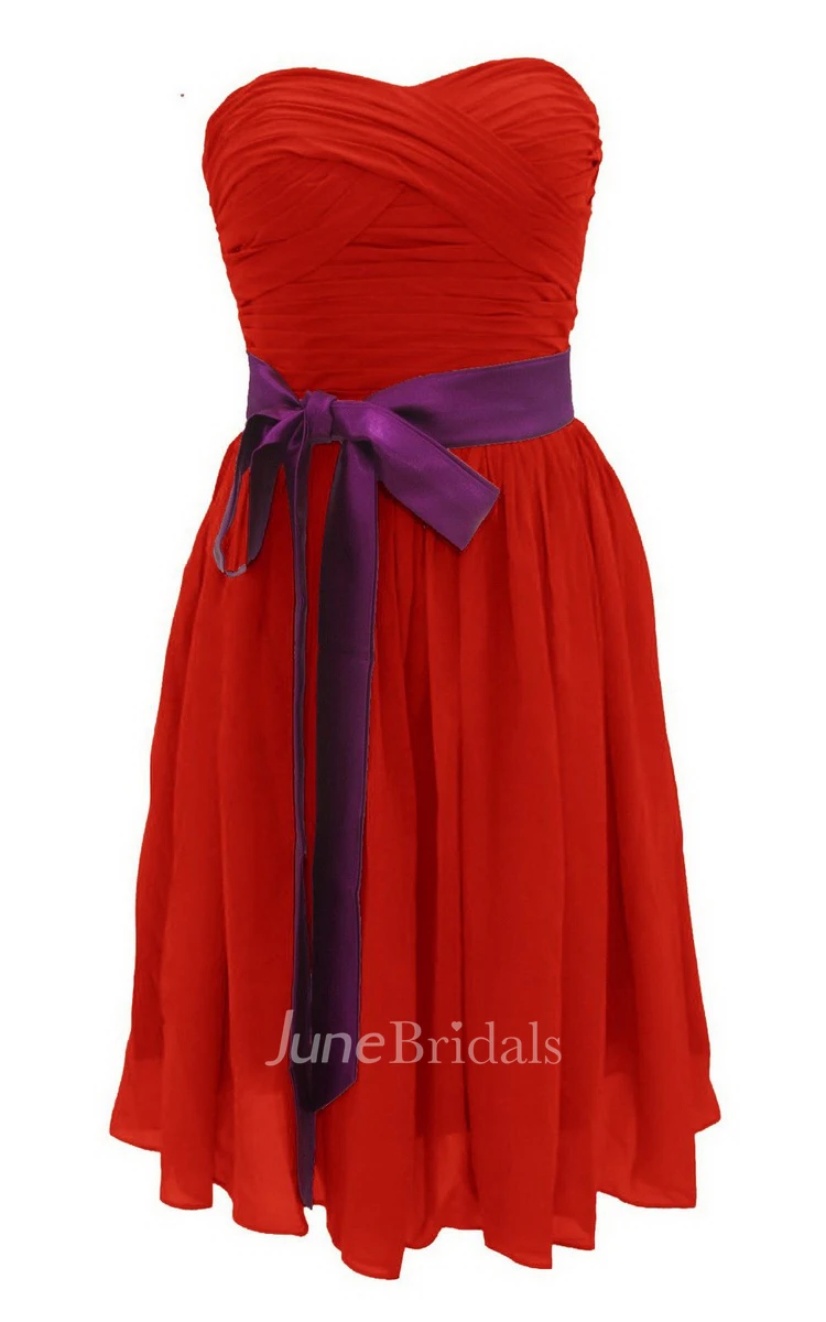 Sweetheart Mini Chiffon Dress With Sash Waist