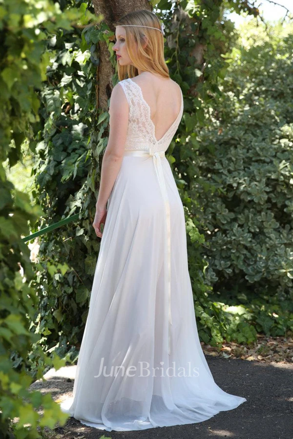 Plunged Sleeveless Chiffon Wedding Dress With Deep-V Back And Ribbon