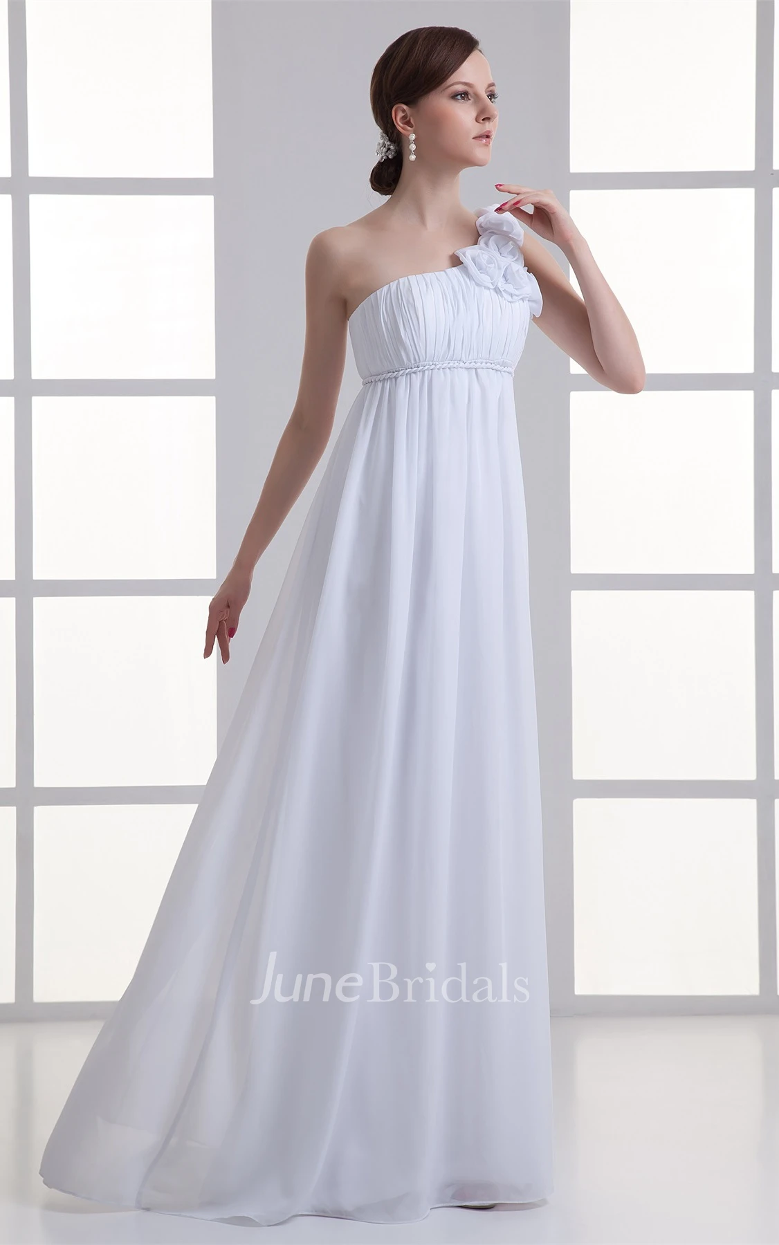 One-Shoulder Empire Chiffon Long Maternity Wedding Dress with Flower