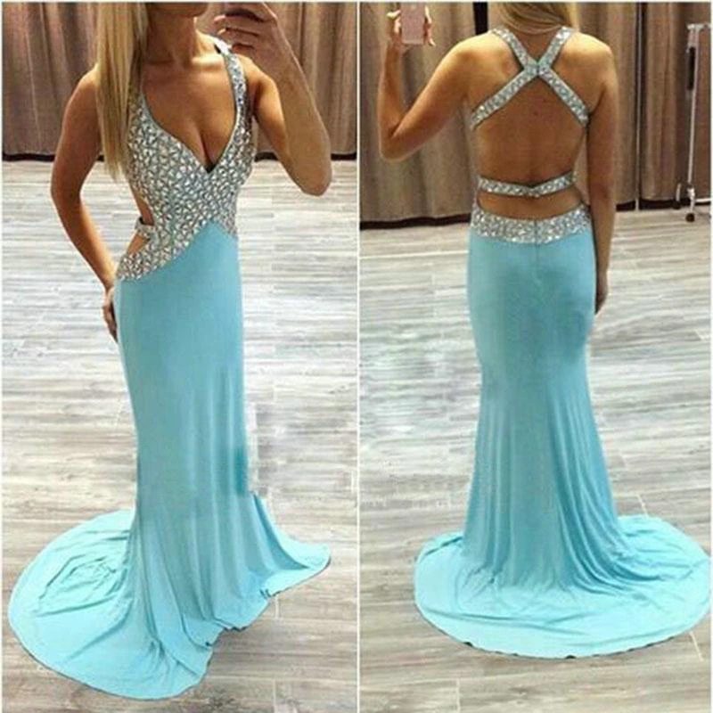 Gorgeous Crystal Mermaid Prom Dresses V-neck Long Chiffon
