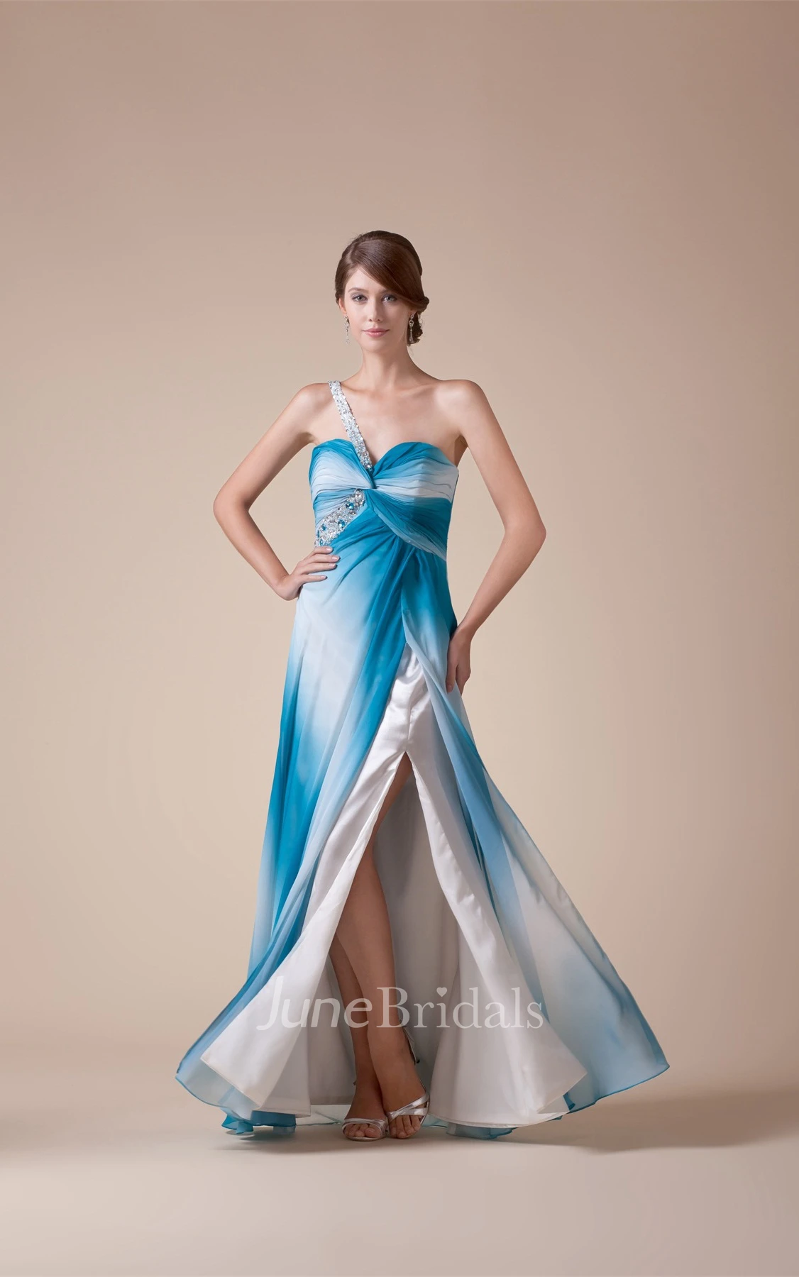 Two-Tone Sweetheart Front-Split Dress with Beading and Single Strap