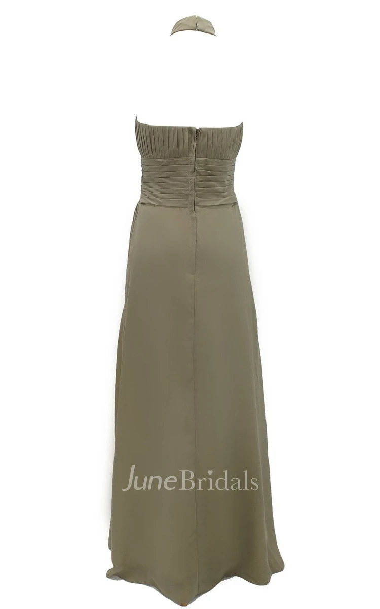 Floral Halter Pleated A-line Gown With Ruched Band