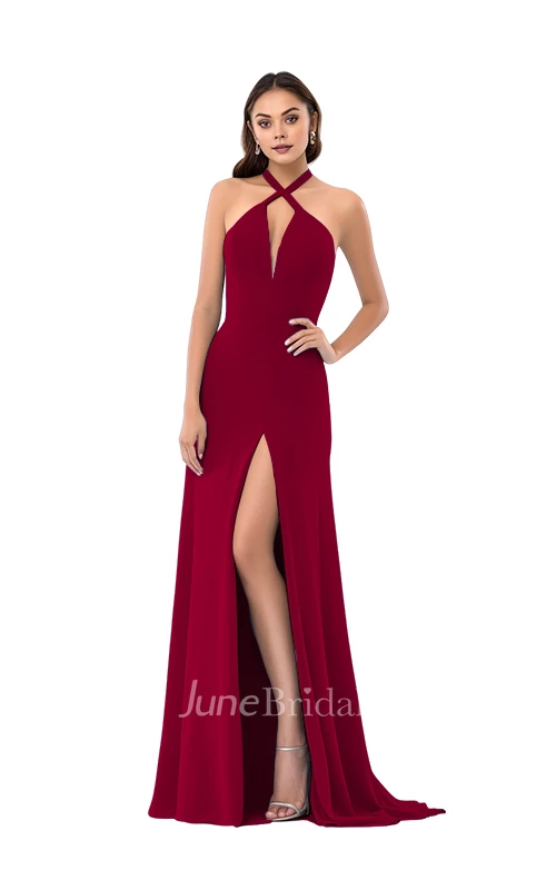 Modern Sheath Plunging Neck Satin Bridesmaid Dress with Split Front