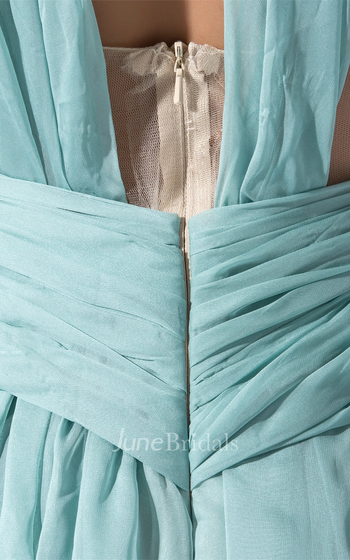 Side Illusion V-Neck Sweetheart Ruched Gown with Pleats and Zipper Back