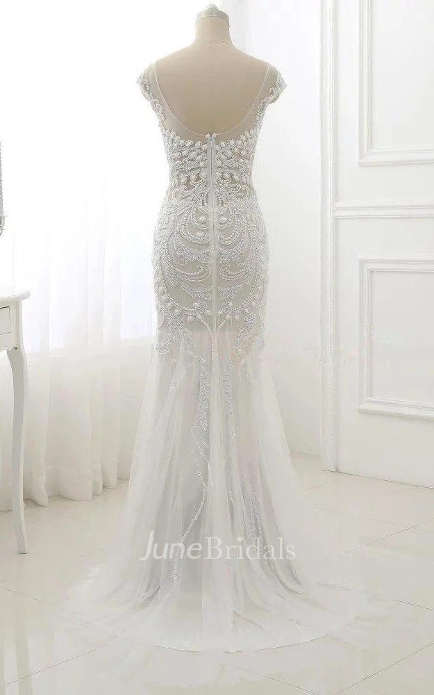 Trumpet Cap Sleeve Tulle Dress With Beading&Sequins