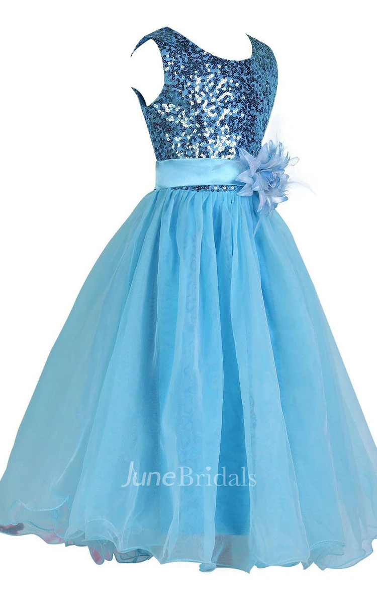 Sleeveless Scoop-neck Sequined Dress With Flower and Pleats