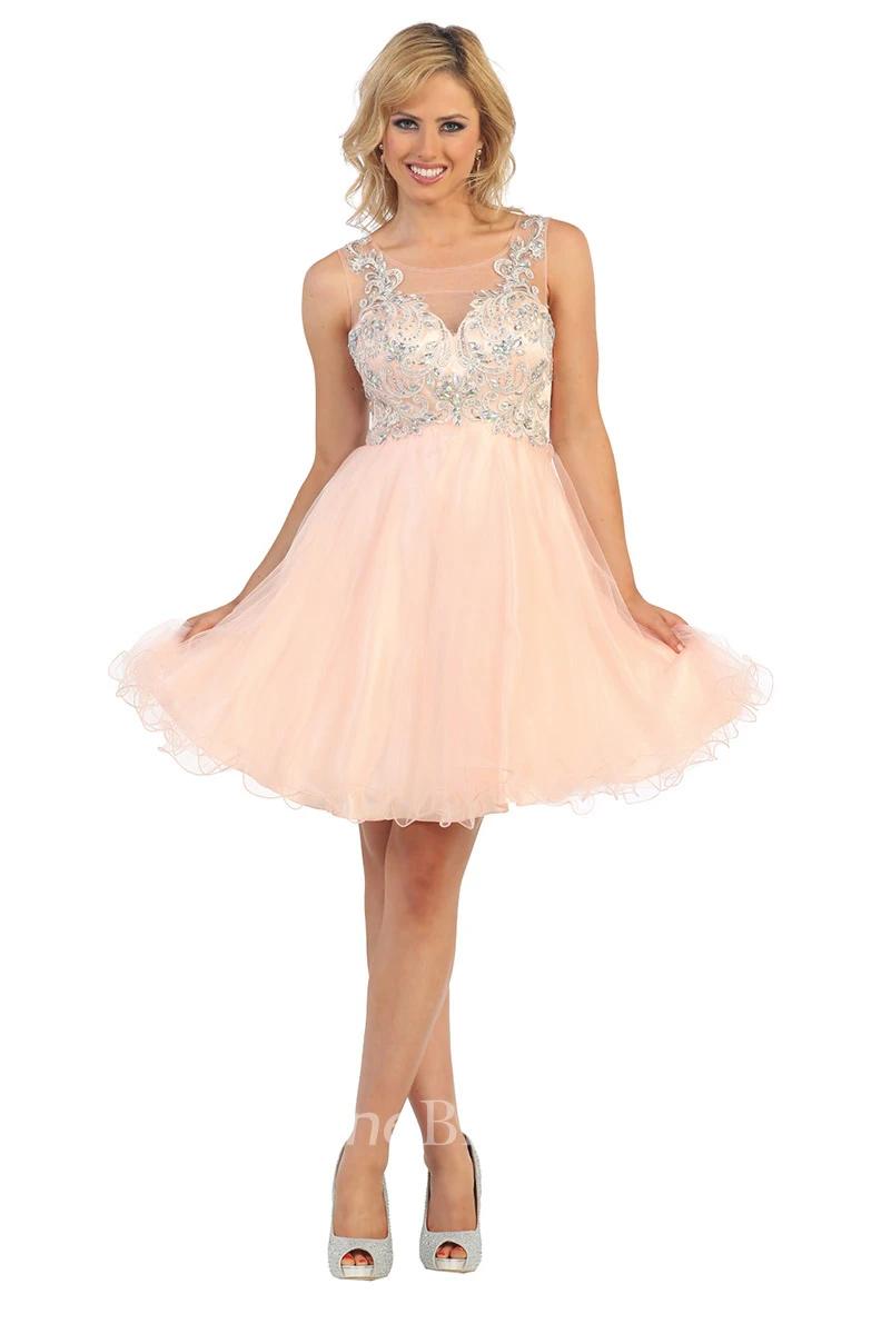 A-Line Short Bateau Empire Tulle Illusion Dress With Beading And Appliques