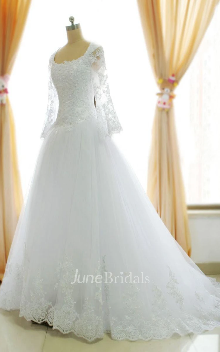 A-Line Tea-Length Off-The-Shoulder One-Shoulder Square Long Sleeve Beading Tulle Lace Sequins Satin Dress