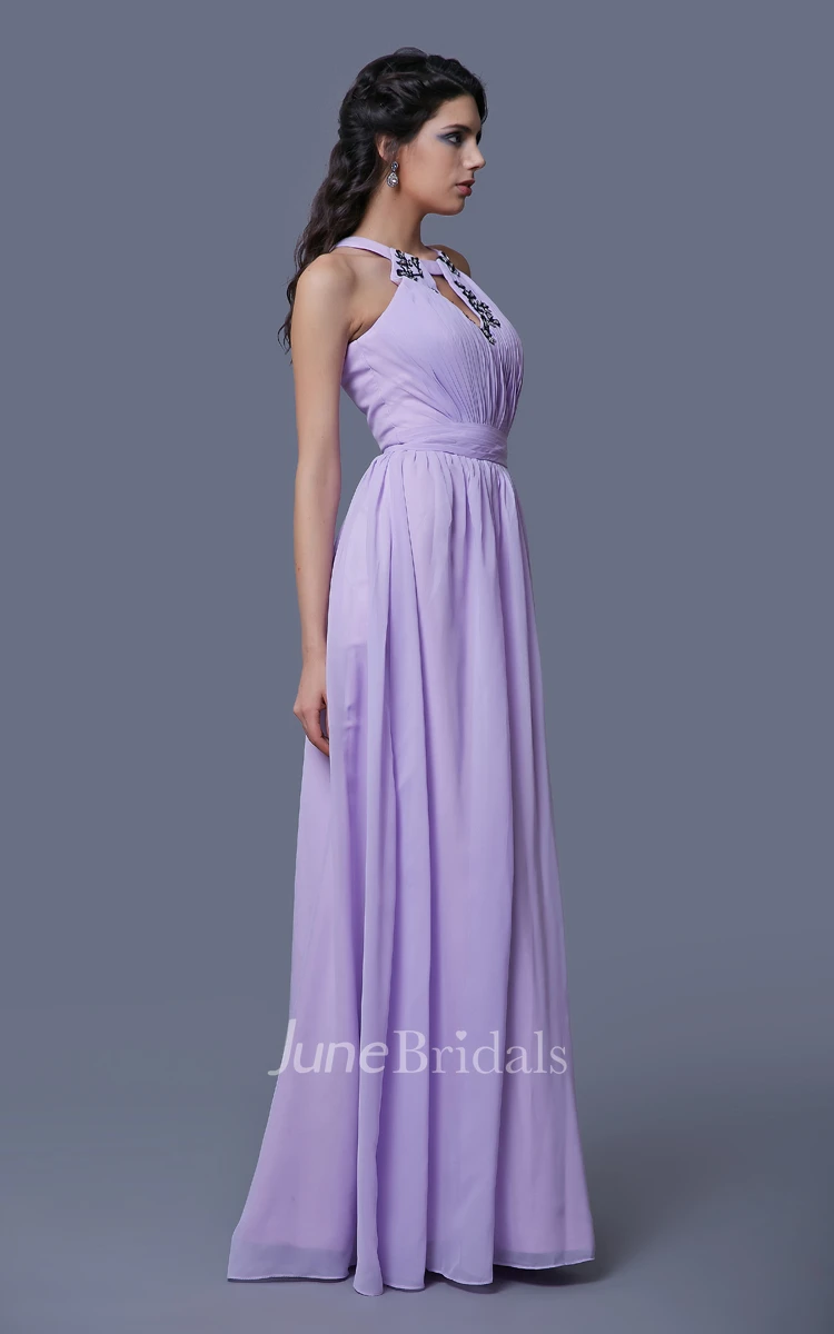 A-Line Sleeveless Chiffon Dress With Keyhole Back and Pleats