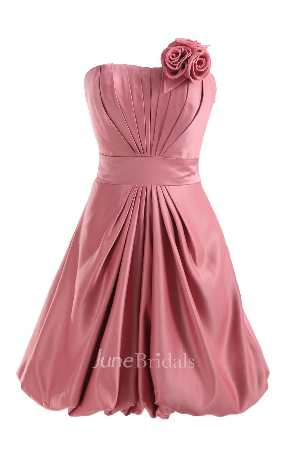 Strapless Appliqued Ruched Bodice Short Pleated Satin Dress