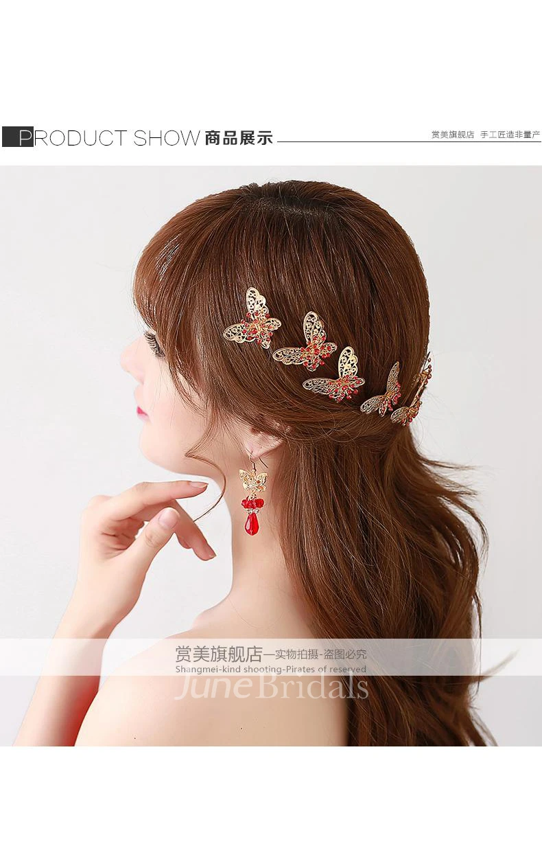 Bride Red Headdress Hair Ornaments Chinese Cheongsam Wedding Accessories Plate Hairpin U-Shaped Clip