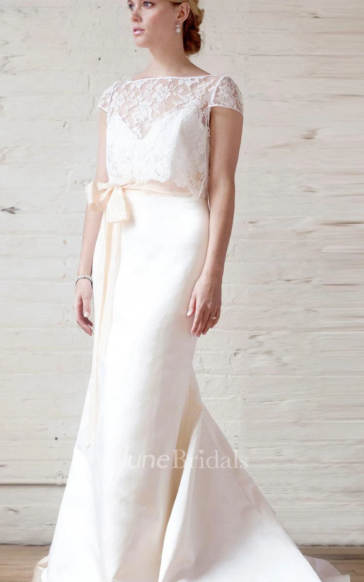 Bateau Low-V Back Sheath Long Satin Wedding Dress With Lace And Bow