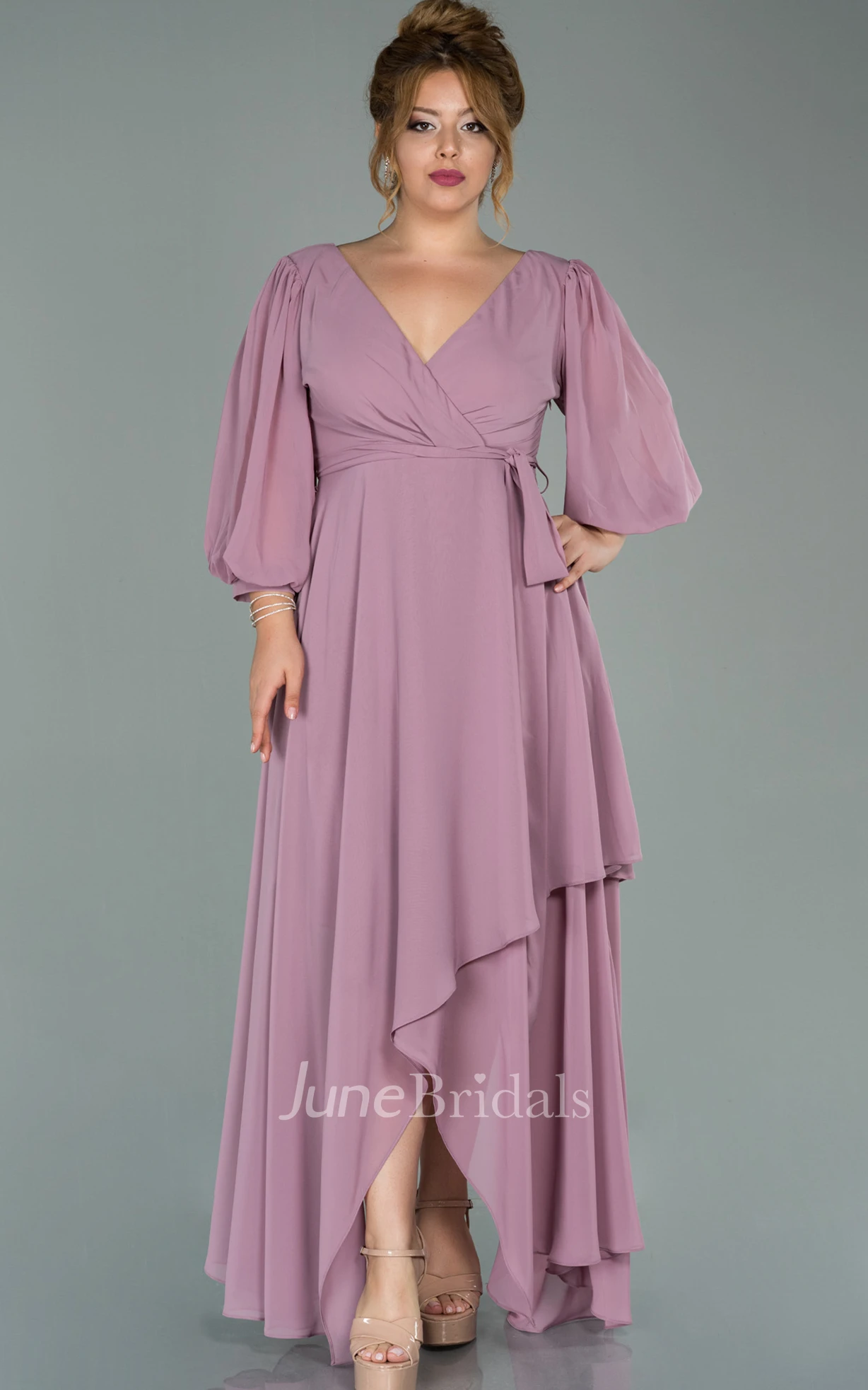 Romantic Plus Size A Line V-neck Prom Dress with Sash