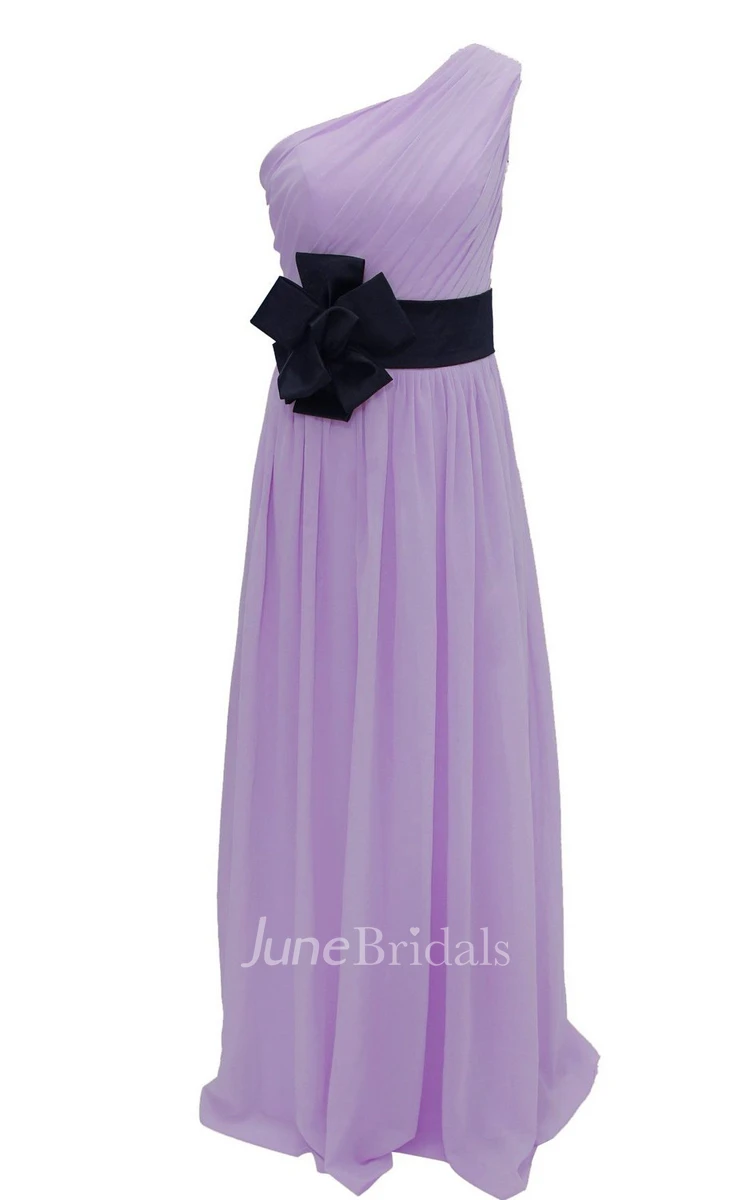 One-shoulder Pleated Chiffon A-line Gown With Floral Band