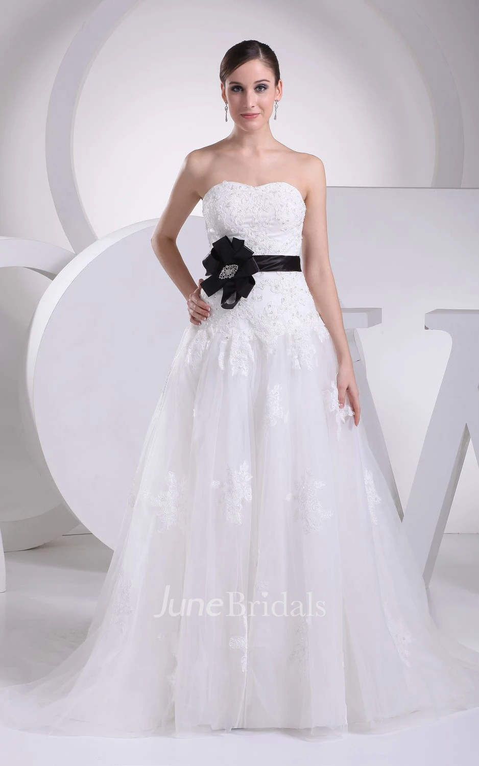 Strapless Appliqued Tulle A-Line Dress With Beading and Corset Back