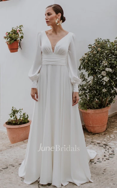 V-neck A-Line Chiffon Romantic Wedding Dress With Button Back And Ruching