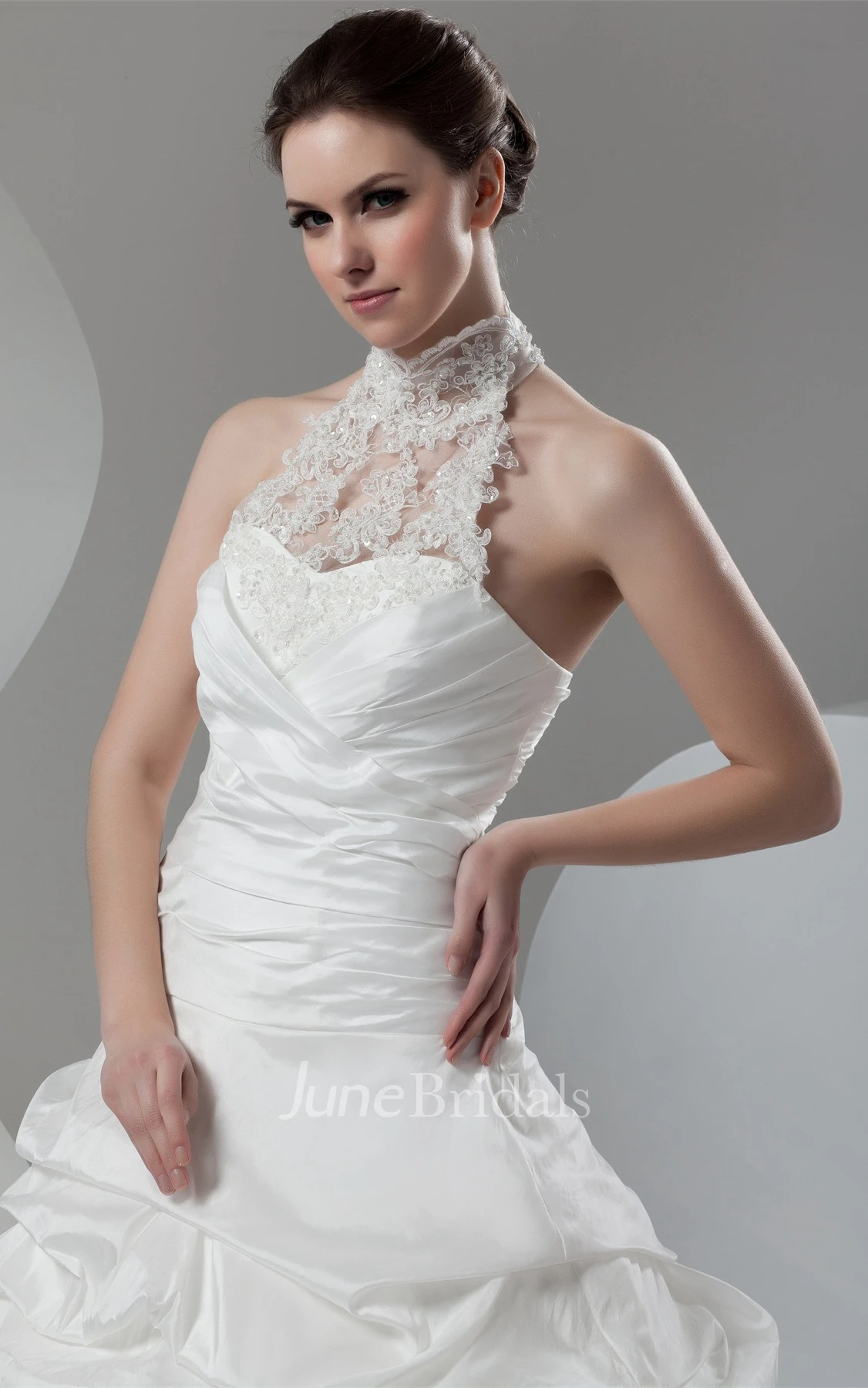 High-Neck Sleeveless Pick-Up Gown with Beading and Appliques
