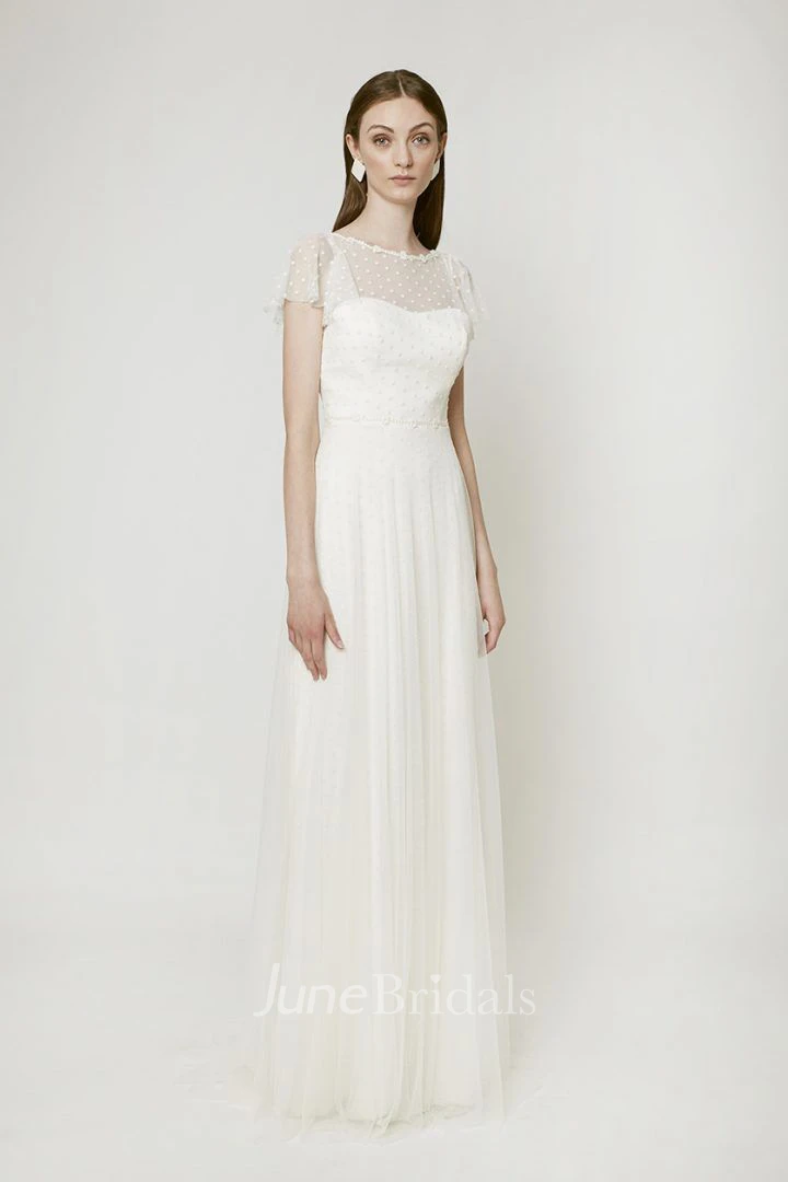 Elegant Illusion Short Sleeve Wedding Dress With Open Back