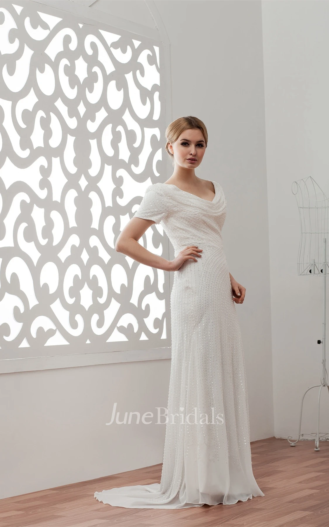 Short-Sleeve V-Neck Sheath Dress with Beading and Brush Train