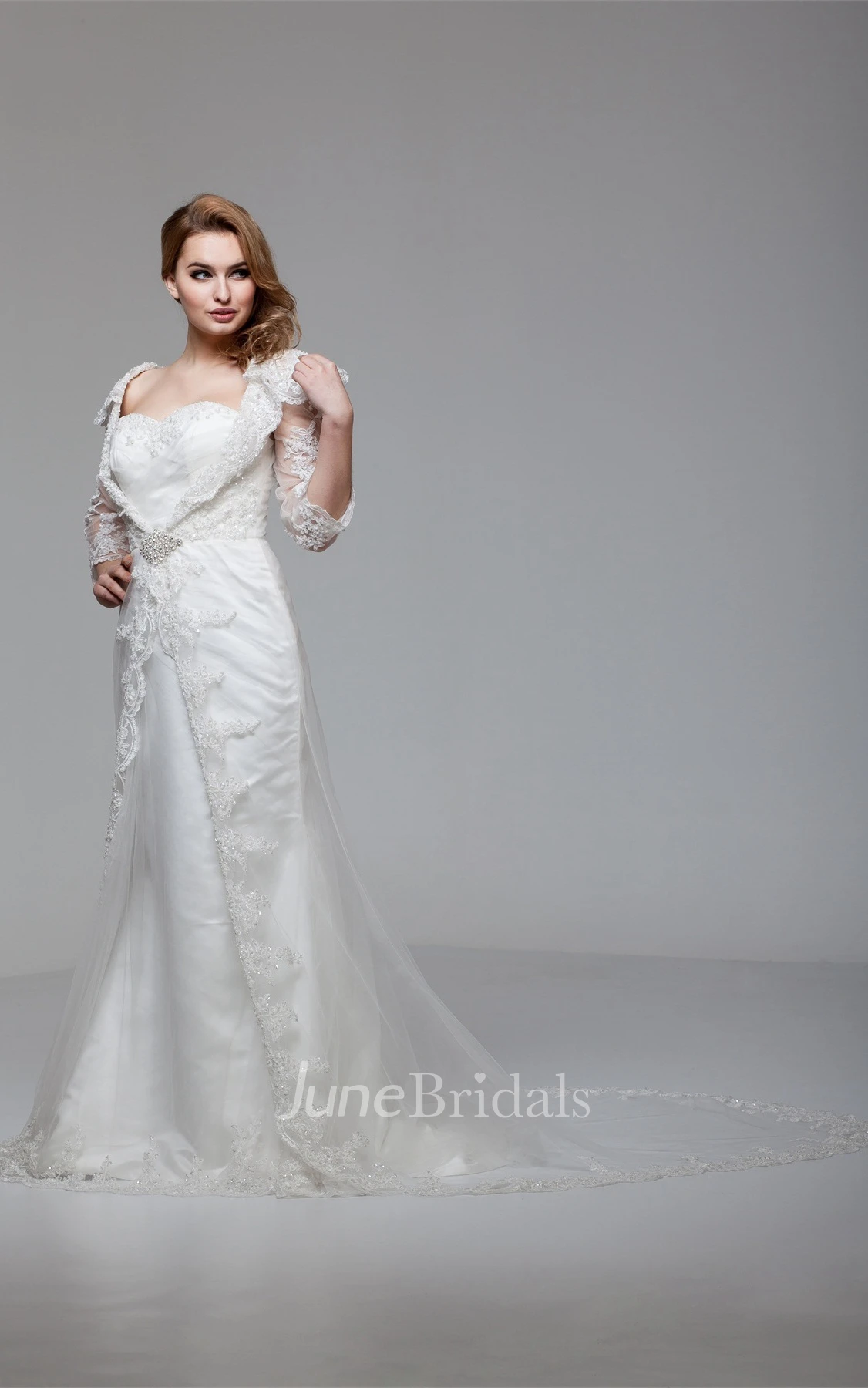 Sweetheart Lace A-Line Gown with Broach and Illusion Sleeves