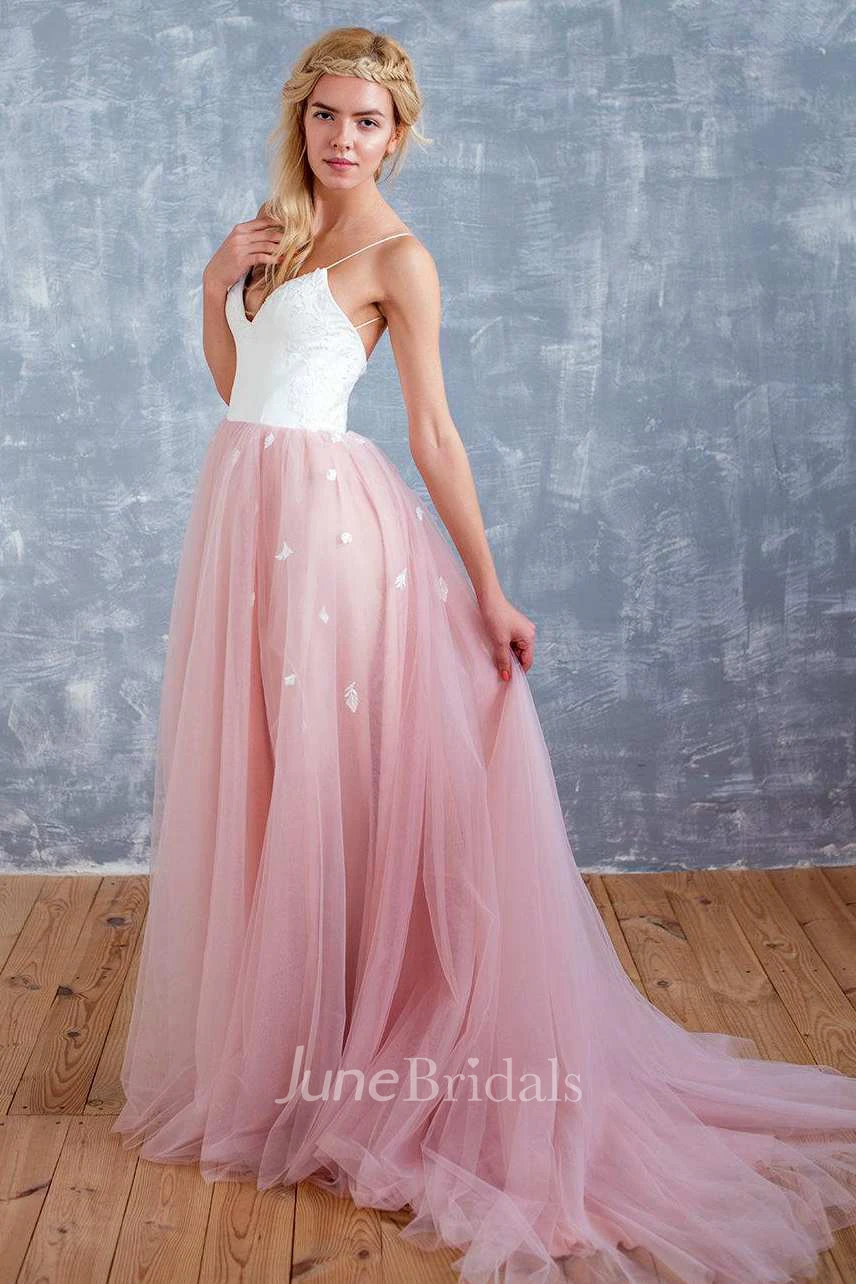 Spaghetti Tulle Floor-Length Backless Dress With Sweep Train