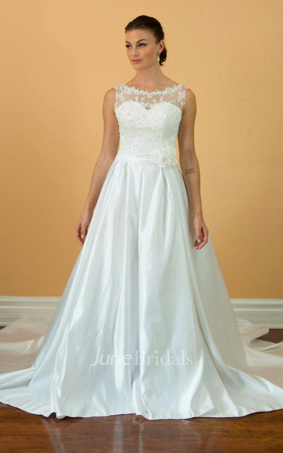 Charming Sex Bateau Neck Sleeveless Long A-Line Satin Dress With Beaded  Bodice - June Bridals