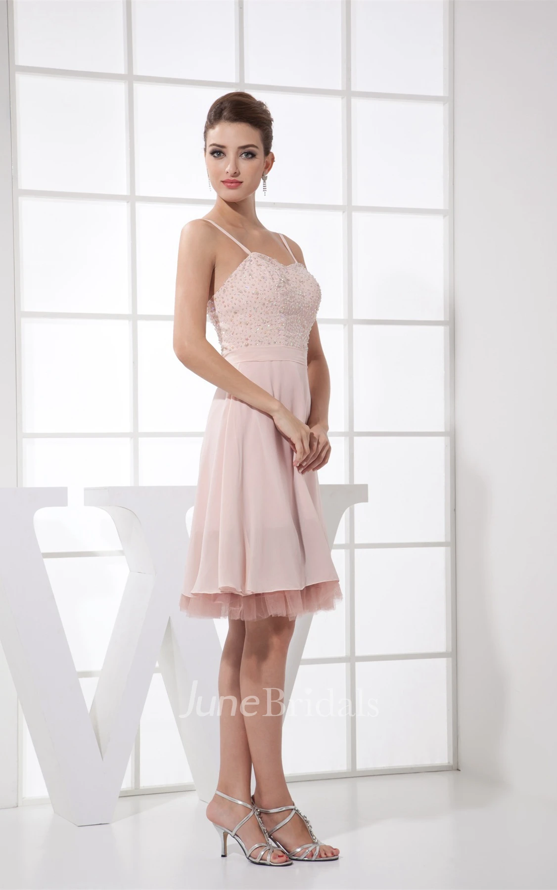 Spaghetti-Straps Knee-Length A-Line Chiffon Dress with Beadings and Zipper Back