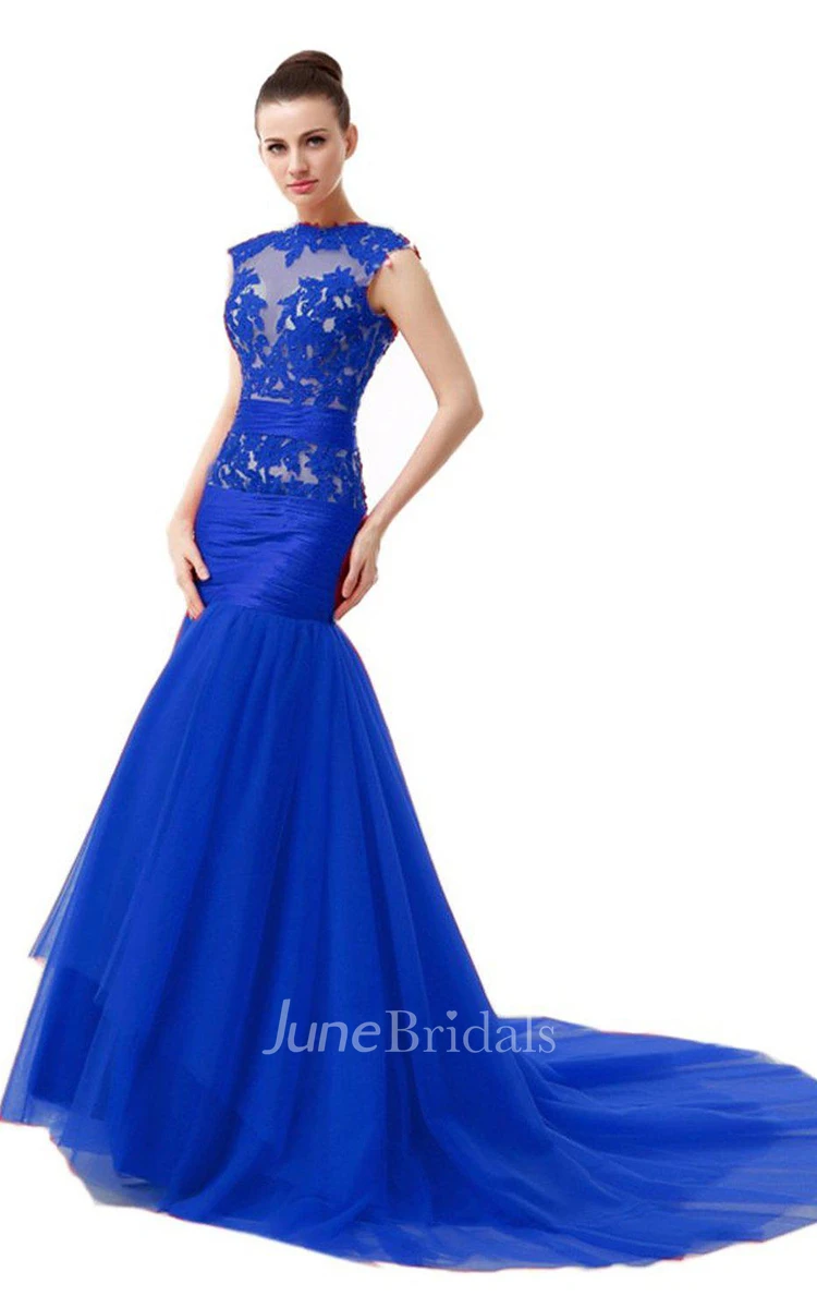 Cap-sleeved Trumpet Dress With Lace Illusion Style