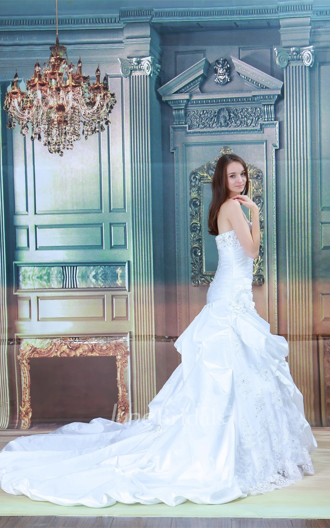 strapless a-line ball ruffled gown with appliques and beading