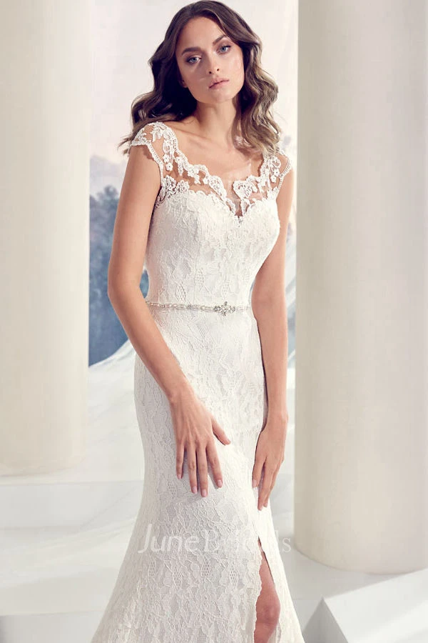 Floor-Length Square Split-Front Jeweled Lace Wedding Dress