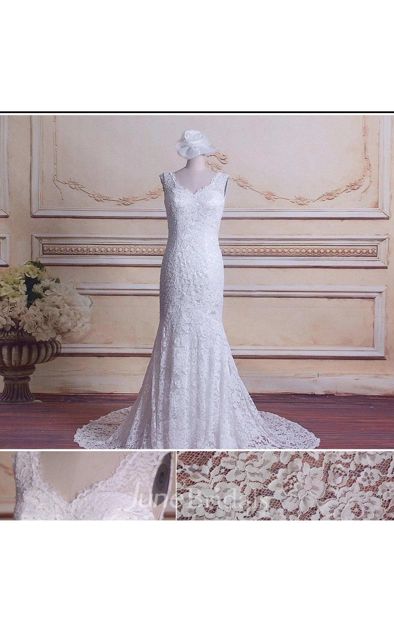 Mermaid V-Neck Lace Satin Weddig Dress With Beading