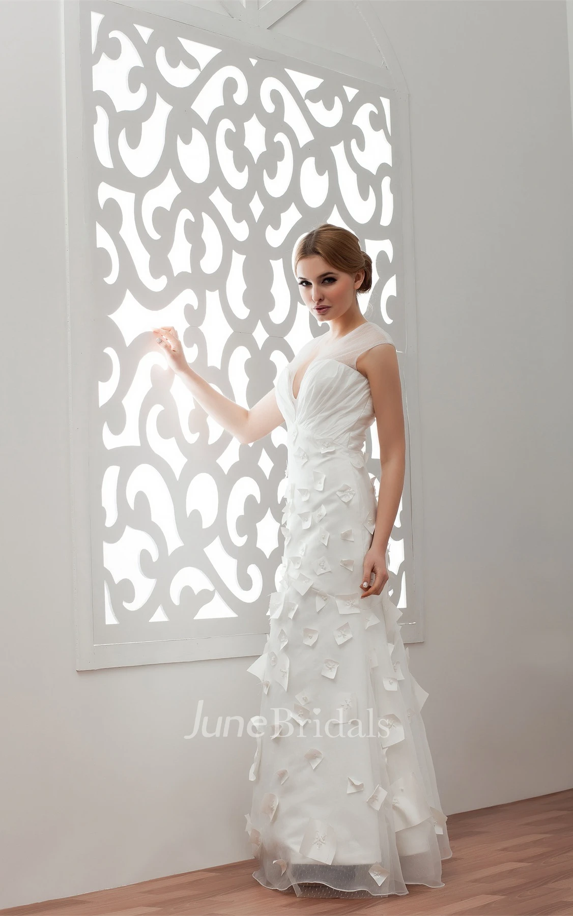 Plunged Illusion Floor-Length Dress with Ruching and Flower