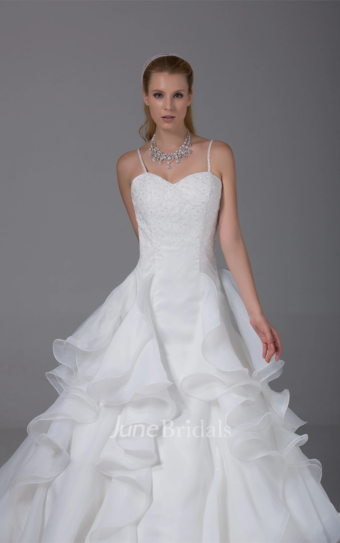Appliqued Ruffled A-Line Gown with Spaghetti-Straps and Corset Back