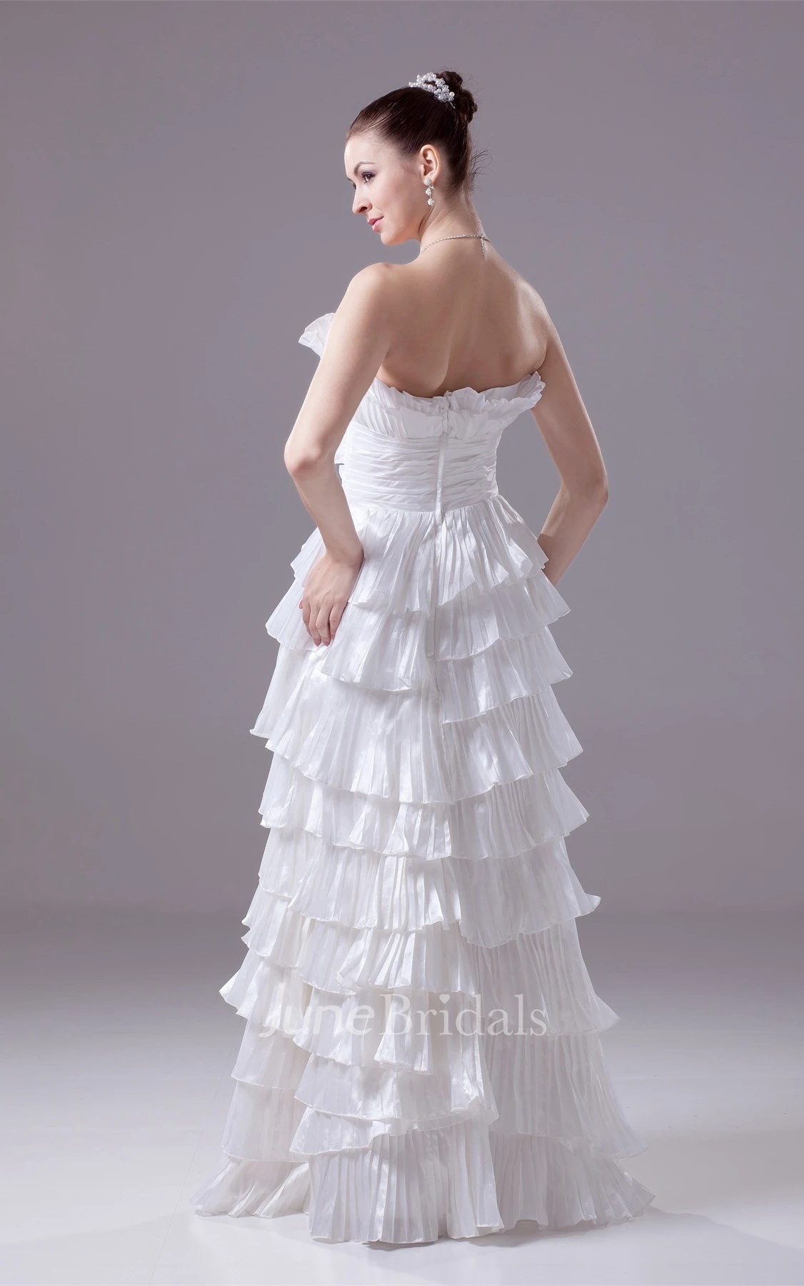 Strapless Tiered Floor-Length Dress with Ruching and Flower