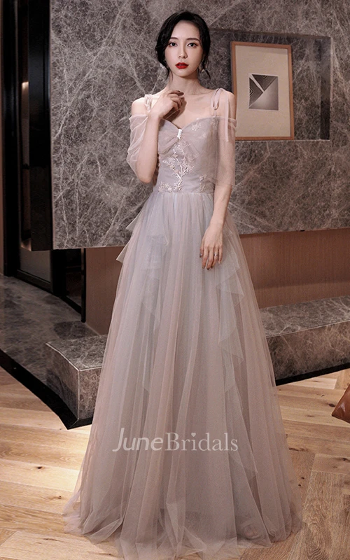 Romantic Tulle Off-the-shoulder V-neck A Line Formal Dress With Appliques and Ruffles
