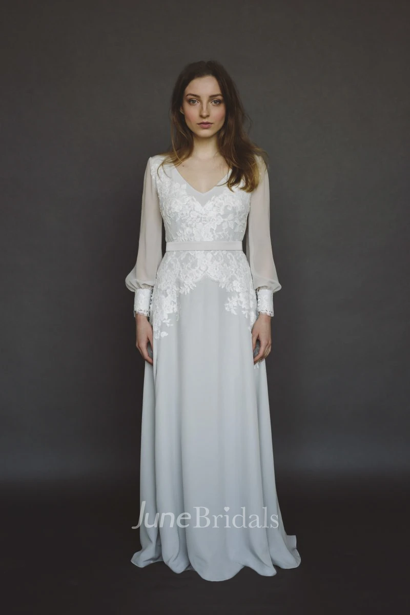 Chiffon Split Wedding Gown With Long Poet Sleeve And V-neck And Lace Appliques