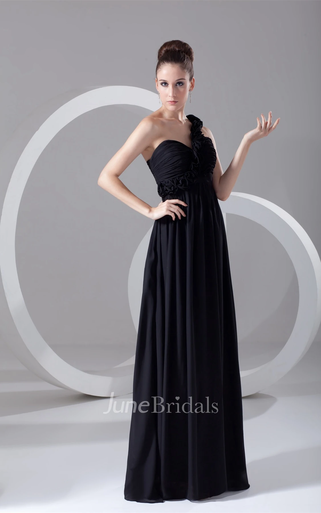 sleeveless chiffon maxi empire dress with floral strap and pleats