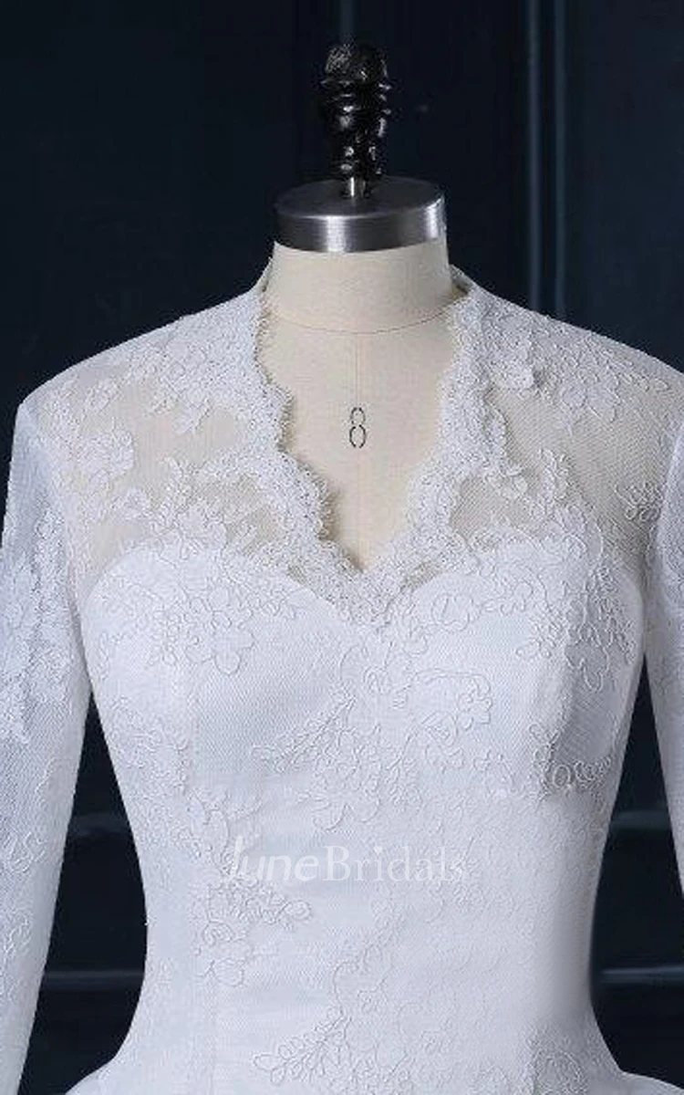 V-Neck Long Sleeve Cathedral Train Tulle Lace Satin Dress