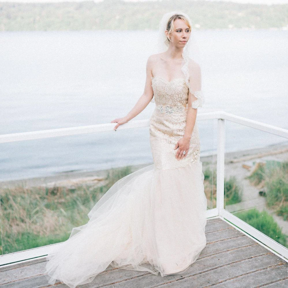 Ivory and Gold Lace Mermaid Fit and Flare Wedding Gown