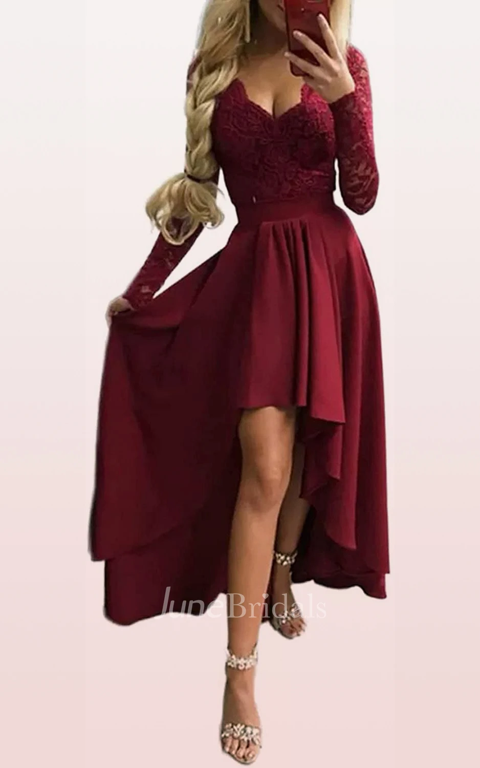 Casual Sexy A Line V-neck or Bateau Long Sleeve Evening Formal Dress with Ruffles