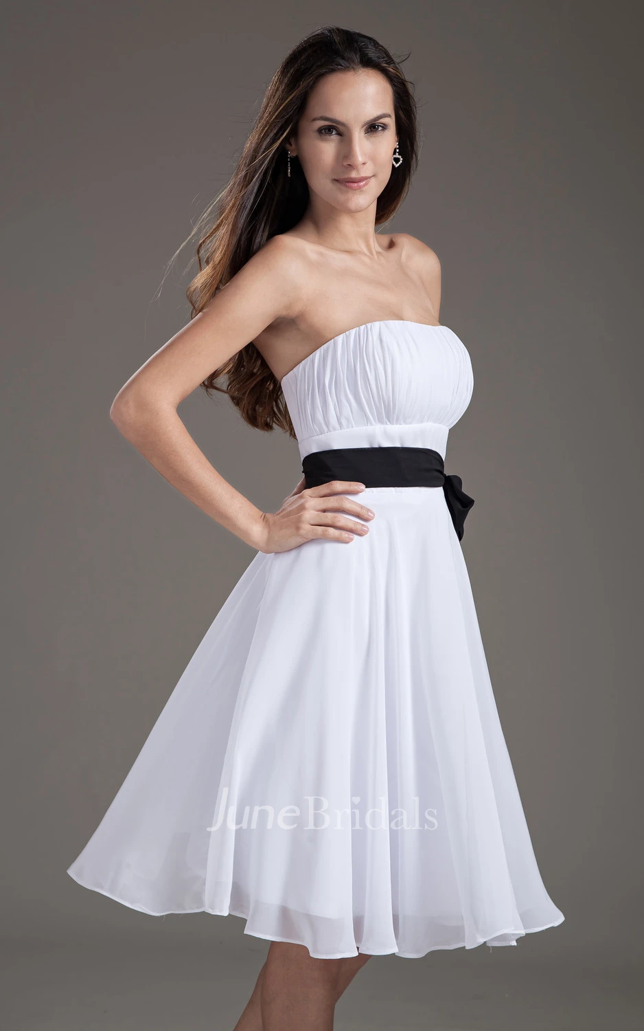 Strapless Midi Chiffon Dress With Bow And Sash