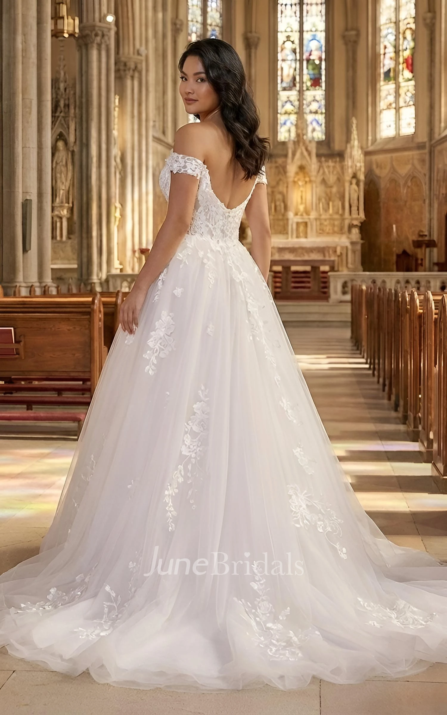Plus Size Lace A-Line Wedding Dress Off-The-Shoulder Tulle Ball Gown with Court Train
