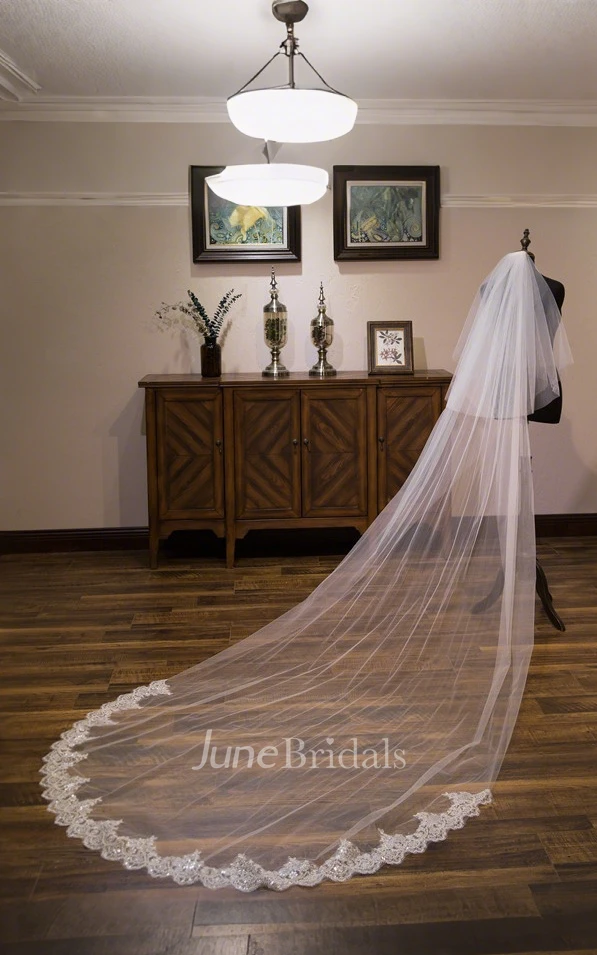 Modern Sparkly Boho Lace Sequins Tulle Two Tier Cathedral Length WeddingVeils with Comb