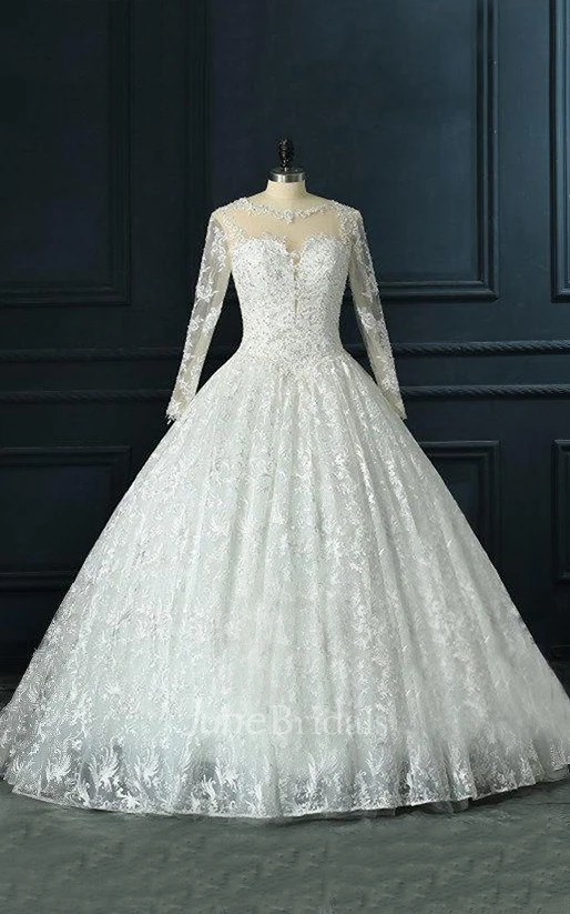 Long Sleeve Cathedral Train Tulle Lace Satin Dress With Beading Illusion