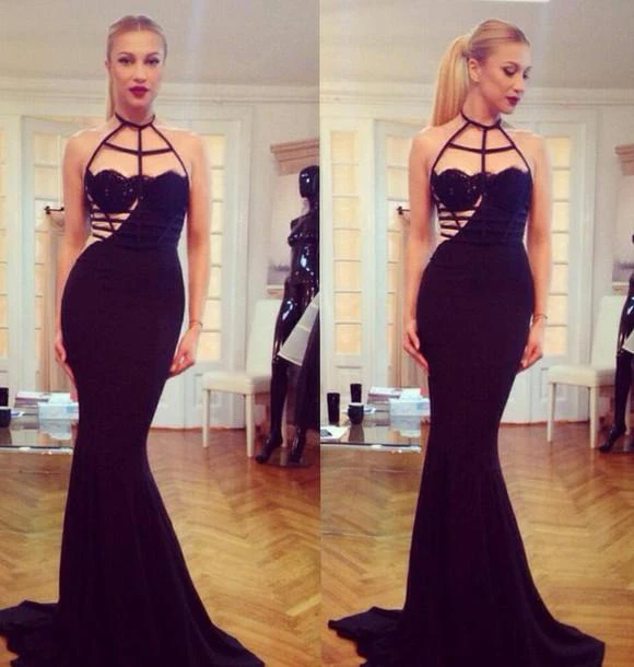 Specila Design Sexy Black Halter Mermaid Prom Gown Sweep Train Women Evening Dresses
