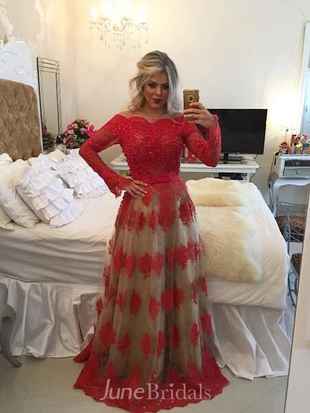 Modern Off-the-shoulder Red Prom Dress Lace Long Sleeve