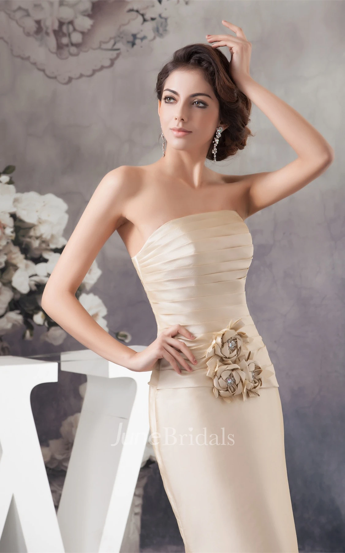 Strapless Ruched Sheath Dress with Flower and Bolero