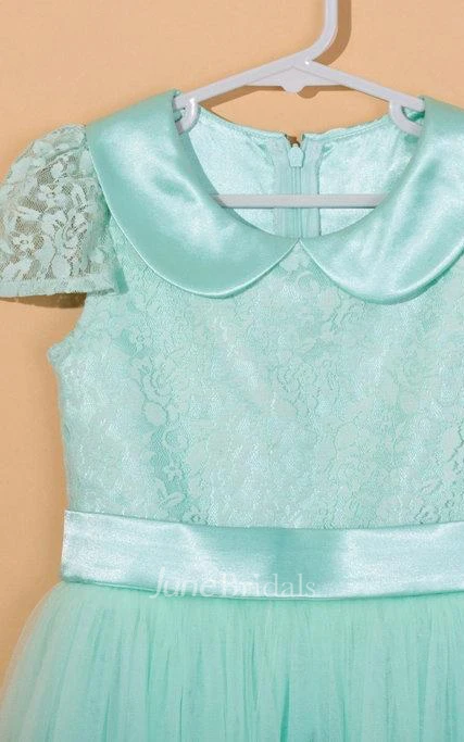 Cap Sleeveless Pleated Tulle&Lace Dress With Flower